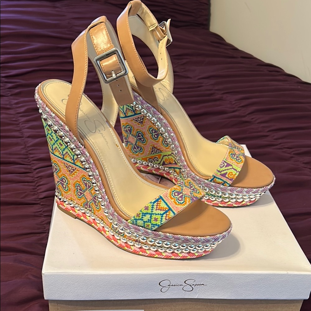 Jessica Simpson Beige Wedge Sandals with Crystal Embellishments - Picture 1 of 10